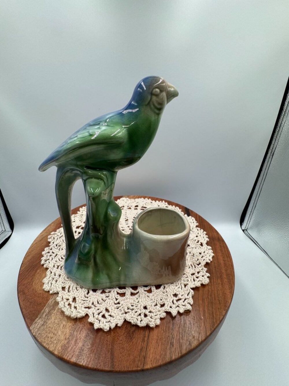 Vintage Ceramic Parrot Bird Planter 8β Green Blue Crackle Glaze MCM Decor